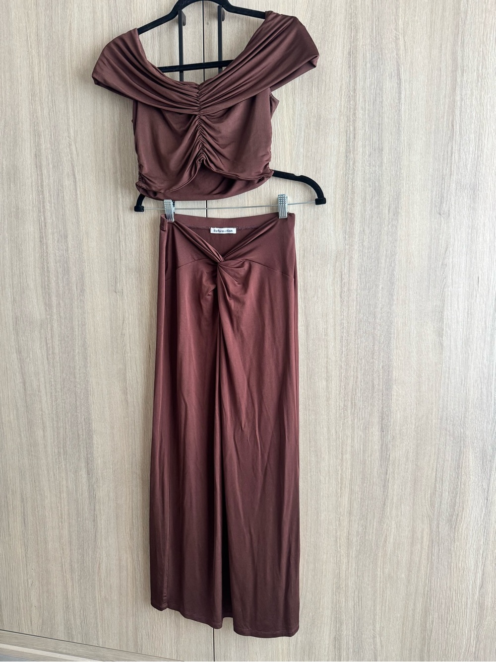 Reformation Brown Ruched Crop Top & Wide-Leg Skirt Set